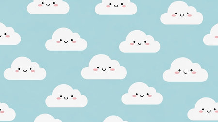Seamless pattern with cute kawaii clouds on blue backgroundの素材