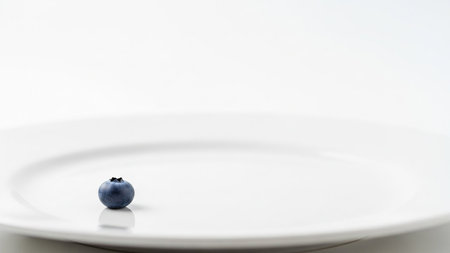 (73) showing single blueberry on a white plate with soft lighting and subtle reflection keywords: blueberry, fruit, single, isolated, white plate,...の素材