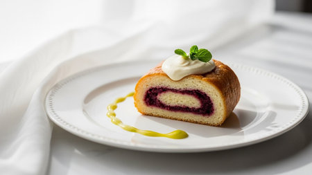 A slice of Swiss roll cake with a vibrant berry filling, topped with cream and a mint leaf.の素材