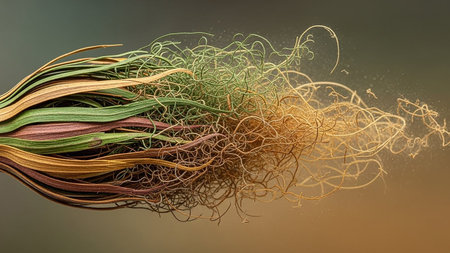 Abstract organic fibers in green and brown hues dissolving into fine wisps against a gradient background.の素材