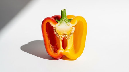 A vibrant half bell pepper, showing its seeds and stem, is presented on a clean white background with dramatic shadows.の素材