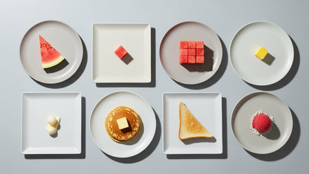 Various small food portions including fruit, pancakes, toast, and ice cream are neatly arranged on different plates in a grid pattern.の素材