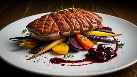 Sliced duck breast served with roasted root vegetables and a rich cherry sauce, garnished with fresh herbs on a white plate.の素材