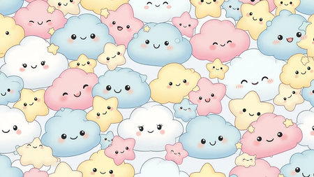 Seamless pattern with cute kawaii clouds. Vector illustration.の素材