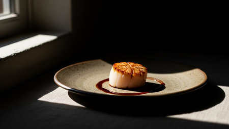 A single, perfectly seared scallop with a dark sauce drizzle sits on a textured plate, dramatically lit by a spotlight casting deep shadows.の素材