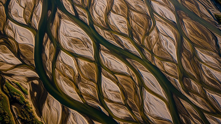 An aerial view reveals a natural pattern of braided river channels and sandbars. Clear details and vibrant col...の素材