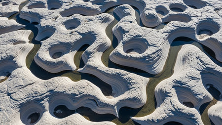 Aerial view of abstract natural rock formations with winding water channels carved by erosion.の素材