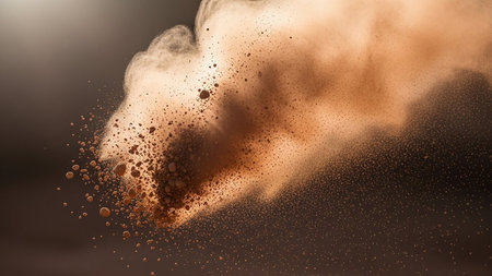 A dynamic cloud of brown dust particles explodes and scatters against a dark gradient background.の素材