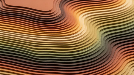 Lighting showing abstract topographic contour layers with warm earth tones and soft lighting. High resolution...の素材