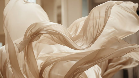 Backgrounds/ showing flowing sheer fabric in soft beige tones with elegant folds and curves keywords: fabric,...の素材