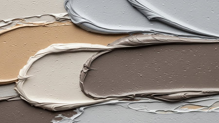 Close-up view of thick paint swatches in a palette of earthy brown, beige, grey, and cream tones.の素材