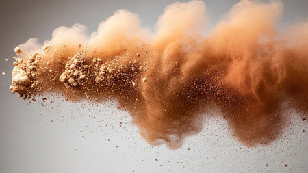 A dynamic explosion of brown powder and fine particles suspended in the air. Clear details and vibrant colors ...の素材