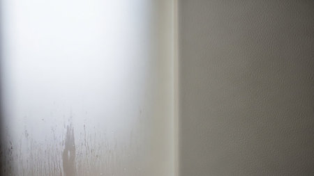Condensation streaks run down a pale, textured wall surface with soft, diffused light.の素材