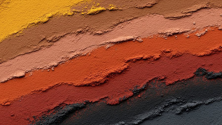 Abstract background with layered stripes of earth-toned pigment powders in shades of yellow, brown, orange,...の素材