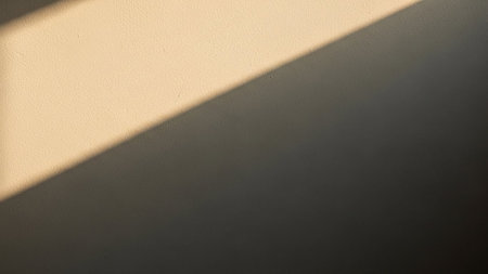 A diagonal shadow from sunlight falls across a textured beige wall surface. Clear details and vibrant colors e...の素材