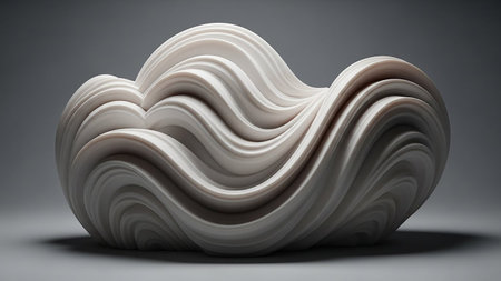 A white abstract sculpture with smooth, swirling, wave-like ripples and soft lighting.の素材