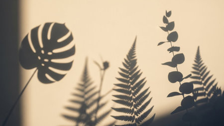 Silhouettes of various plant leaves, including fern and monstera, cast shadows on a warm, neutral background.の素材