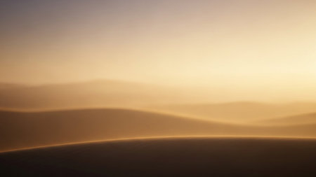 Softly lit desert dunes with rolling shapes under a hazy golden sky. Clear details and vibrant colors enhance ...の素材