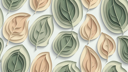 A seamless pattern of layered paper cutout leaves in soft pastel green and peach tones.の素材