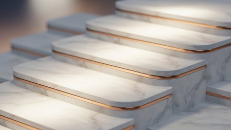Elegant modern stairs crafted from white marble with subtle grey veining and polished rose gold trim, illuminated by soft diffused light.の素材
