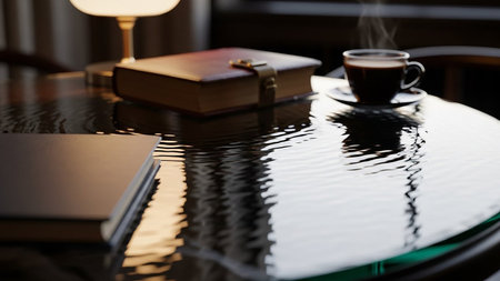 A steaming cup of coffee sits on a glass table with rippling water reflections, next to a leather-bound book and a lamp.の素材