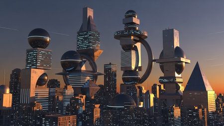 A futuristic cityscape at dusk featuring geometric skyscrapers and spherical structures illuminated by city lights and the setting sun.の素材