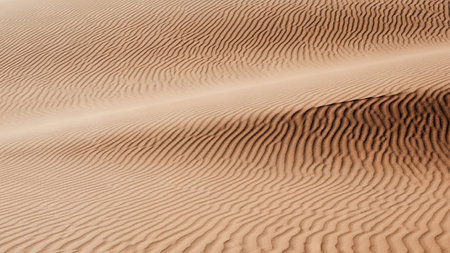 Close-up of rippled sand dunes showing intricate patterns and strong shadows created by light.の素材