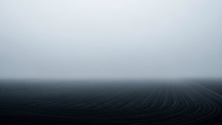 A dark, plowed field stretches into a thick, grey fog, obscuring the horizon and a faint fence line.の素材