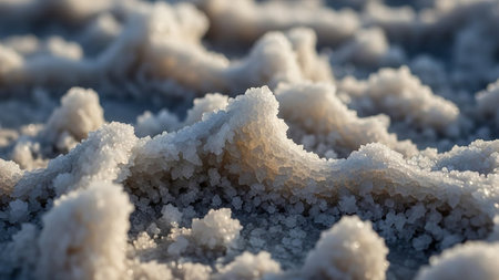 A close-up macro view of white crystalline salt formations, sparkling in the sunlight. Clear details and vibrant colors enhance visual appeal.の素材