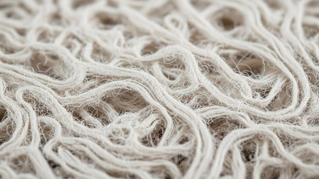 Extreme close-up macro shot of a tangled mass of soft, fuzzy white cotton threads and fibers creating an organic texture.の素材