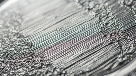 Macro view of a dark, textured surface with flowing metallic liquid and small bubbles, suggesting industrial or abstract themes.の素材