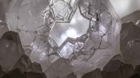 Clear showing close-up macro view of clear quartz crystal geode with star-shaped opening. High resolution image suitable for commercial use.の素材