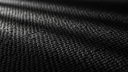 A dramatic close-up macro shot focuses on the intricate woven texture of dark fabric, highlighted by strong shadows and light.の素材