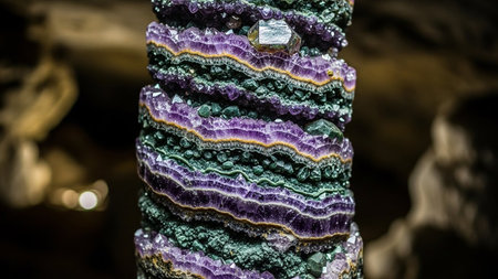 A detailed macro shot of a layered amethyst geode showcasing vibrant purple crystals and green druzy formations.の素材