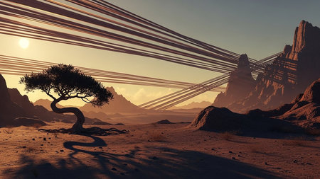 A surreal desert landscape featuring a twisted, ancient tree and abstract, string-like formations stretching across the sky.の素材