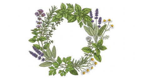 Garden showing hand drawn wreath of fresh culinary herbs and flowers on white keywords: herb wreath, culinary...の素材