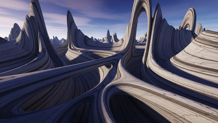 An otherworldly landscape features smooth, flowing rock formations with wood-grain textures under a clear blue sky.の素材