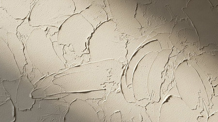 A close-up of a textured plaster wall with visible rough strokes and dramatic play of light and shadow, creating an organic pattern.の素材