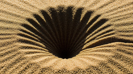A top-down view of a funnel-shaped depression in fine sand shows radiating shadow lines creating an abstract, geometric pattern.の素材