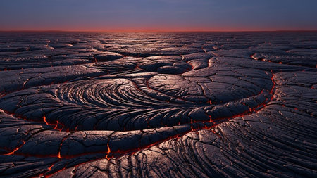A vast, cracked lava field with glowing red molten rock visible in the fissures and on the horizon under a dark sky.の素材