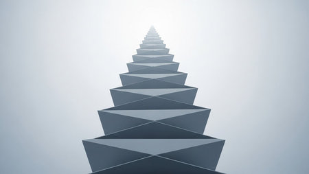 An abstract geometric staircase made of layered shapes receding into a bright white, foggy background.の素材