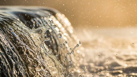 Close-up of water splashing and creating droplets as it flows over textured rocks in golden sunlight.の素材