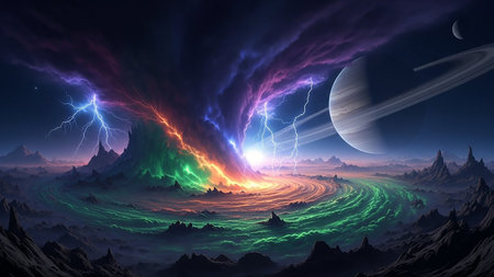 A surreal cosmic landscape featuring a colorful swirling storm with lightning, mountains, and a ringed planet...の素材
