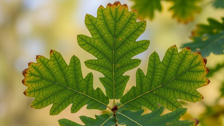 Three green oak leaves with detailed veins and slightly browned edges are shown. Clear details and vibrant col...の素材