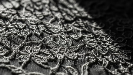 Macro shot of dark grey floral lace fabric showing intricate details and dramatic light and shadow play.の素材