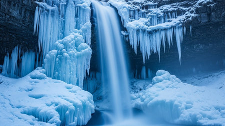 Snow. showing frozen waterfall with icicles and snow covered rocks in winter keywords: waterfall, ice,...の素材