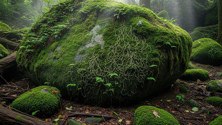 A large moss-covered boulder in a misty forest, with sunlight filtering through the trees.の素材