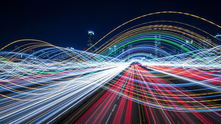 A vibrant cityscape at night, with streaks of colorful light trails from traffic creating abstract, flowing lines across the scene.の素材