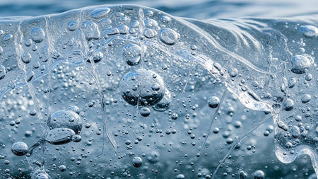 Extreme close-up of ice revealing intricate patterns of trapped air bubbles and delicate ice formations.の素材