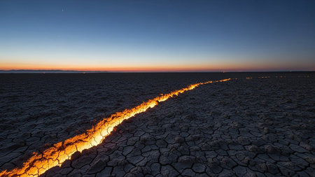 A wide shot of cracked dry earth with a glowing orange fissure running through it under a twilight sky.の素材